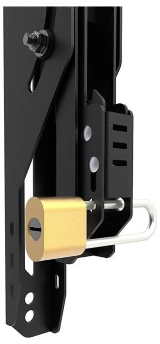 Schwarzer Metallbeschlag an einer Tür mit einem goldenen Vorhängeschloss zur Sicherung.