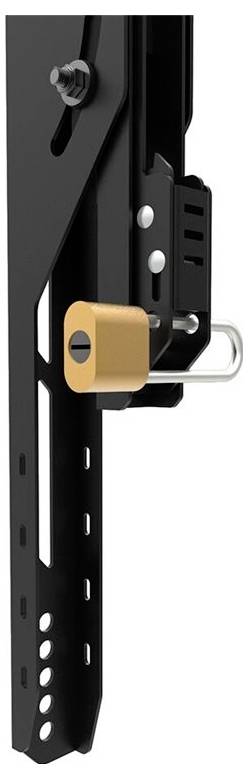 Ein schwarzes Metallteil mit einem orangefarbenen Schlossmechanismus, der an der Seite befestigt ist. Geeignet zur Sicherung von Ausrüstung.