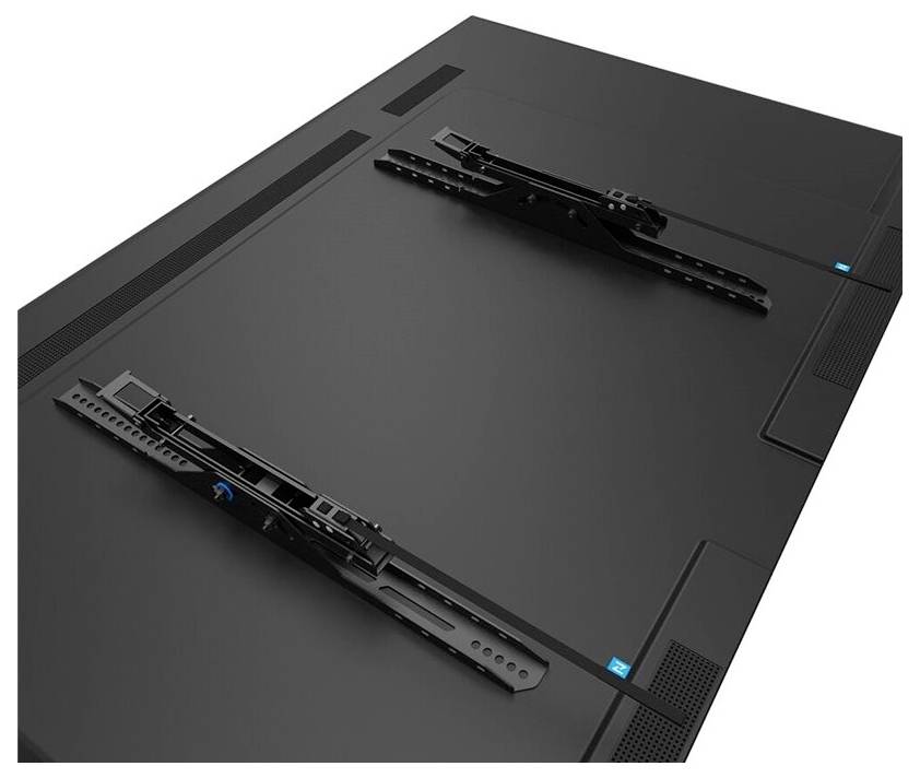 Ein Montageset zur Wandbefestigung von Flachbildschirmen, bestehend aus zwei schwarzen Schienen, auf einer schwarzen Fläche.