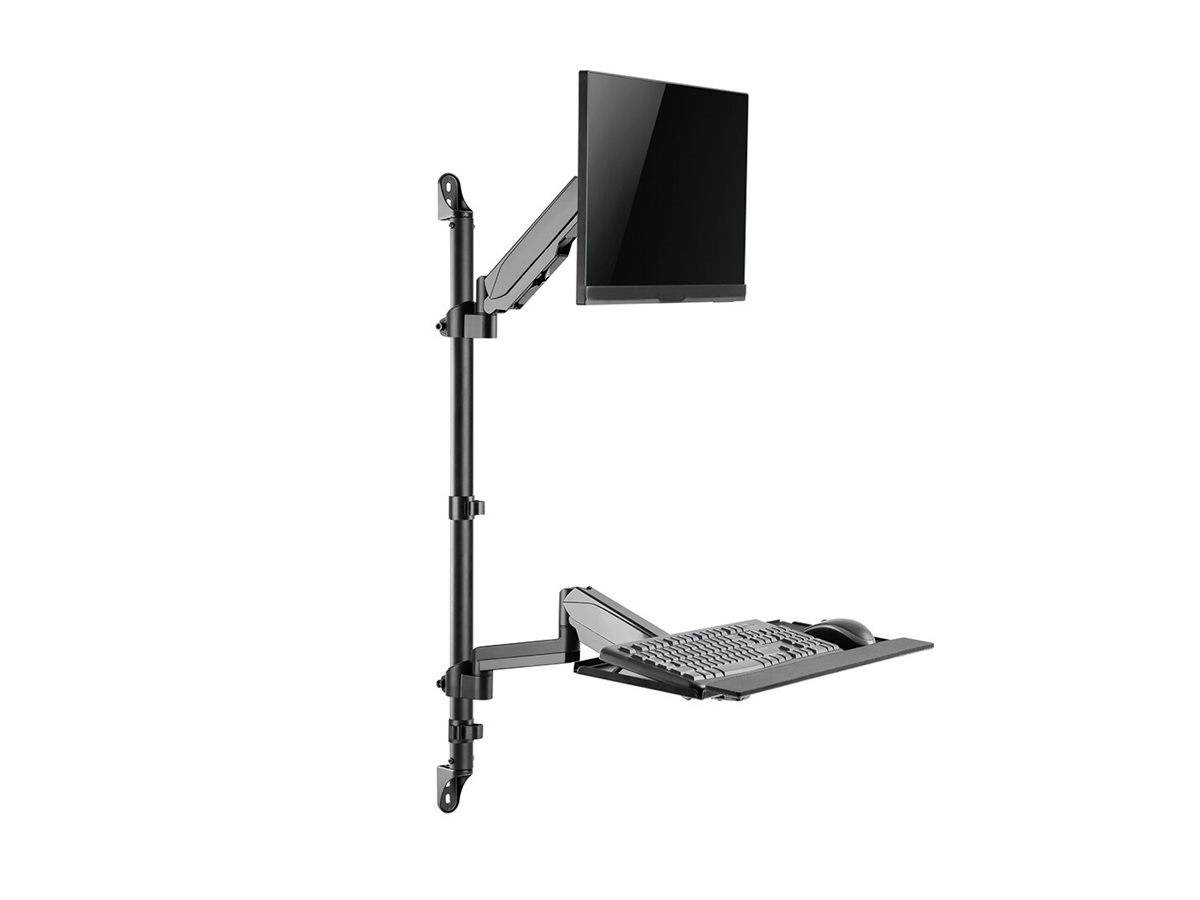 Ein wandmontiertes, verstellbares System zur Halterung eines Monitors und einer Tastatur, optimiert für ergonomisches Arbeiten.