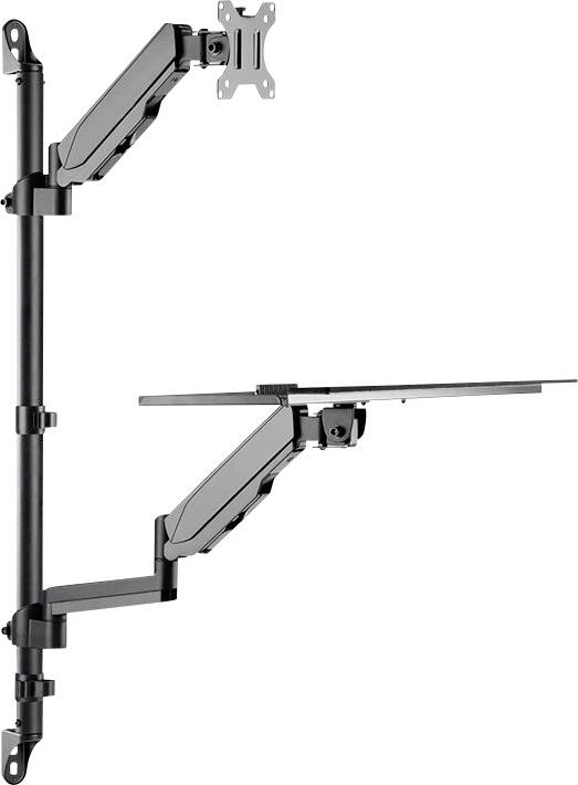 Ein dualer Monitor- und Laptop-Ständer-Arm aus schwarzem Metall, der sowohl einen Bildschirm als auch einen Laptop ergonomisch hält.