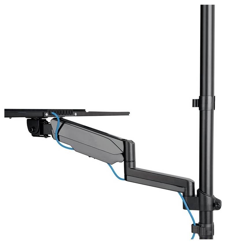 Ein schwarzer Monitorarm mit Kabelmanagement, der an einer vertikalen Stange befestigt ist. Geeignet für verstellbare Monitore.