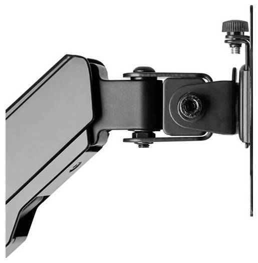 Schwarzer Monitorarm mit Gelenkaufnahme und Schraubhalterung, zeigt technischen Aufbau für Monitore oder Bildschirme.