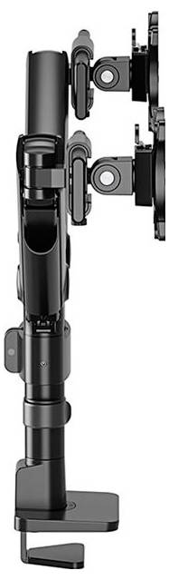 Zwei schwarze Monitorarme in Seitenansicht, nebeneinander montiert. Zeigt Details der Gelenke und Kabelmanagement.
