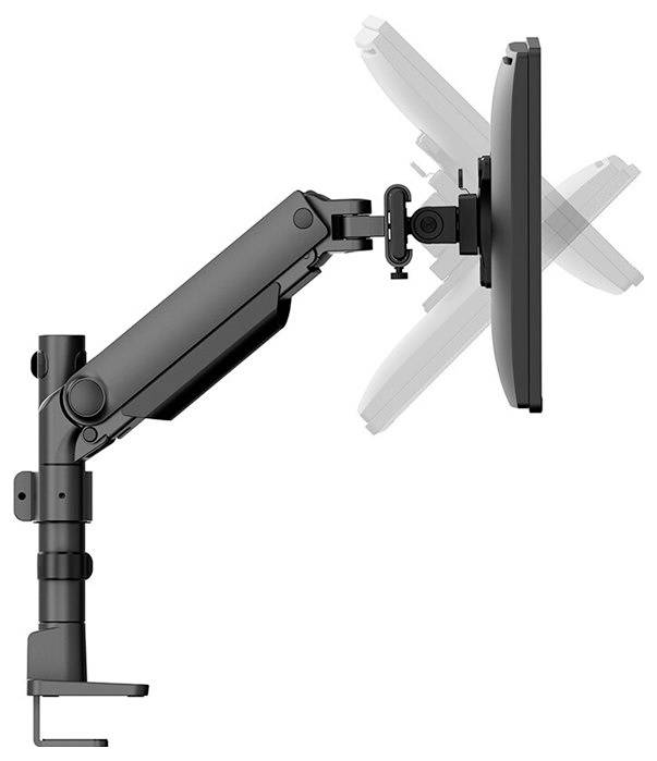 Ein verstellbarer Monitorarm mit Klemmbefestigung, der es ermöglicht, einen Bildschirm in verschiedenen Höhen und Winkeln zu positionieren.