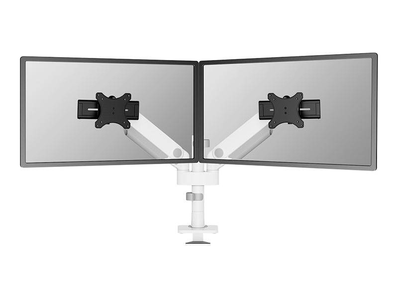 Zwei Monitore nebeneinander an einem verstellbaren Doppelarm-Monitorhalterung, ohne angezeigten Inhalt. Ideal für Büros.