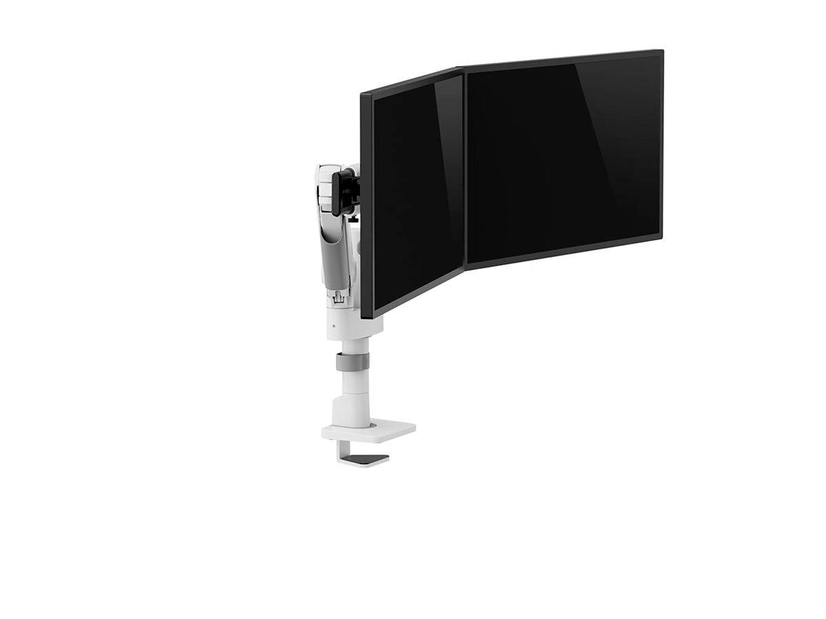 Ein ergonomischer Monitorarm hält zwei schwarze Bildschirme nebeneinander, montiert an einem weißen Standfuß, vor weißem Hintergrund.
