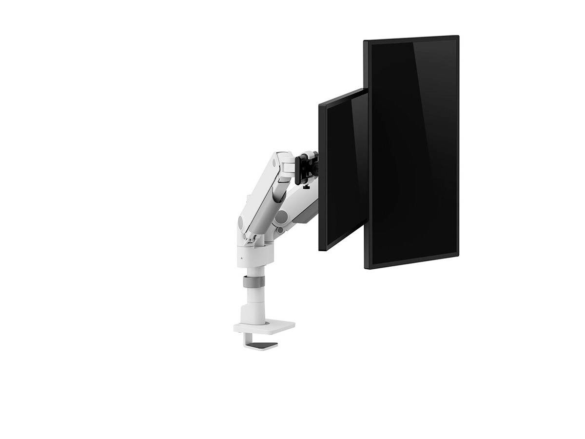 Ein weißer Monitorarm hält zwei schwarze Bildschirme in vertikaler Ausrichtung, montiert auf einem Tisch.