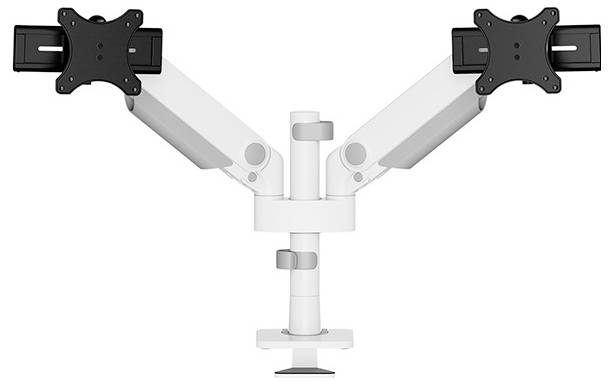 Ergonomischer Monitorarm mit zwei verstellbaren Halterungen für Bildschirme. Geeignet zur gleichzeitigen Befestigung von zwei Monitoren.