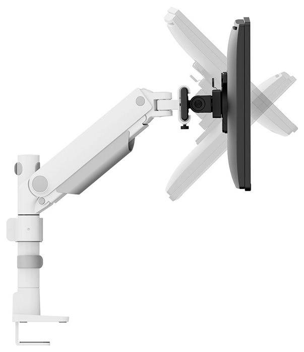 Ein verstellbarer Monitorarm, der seitlich befestigt ist. Der Arm ermöglicht das Kippen und Drehen des Bildschirms in verschiedene Positionen.