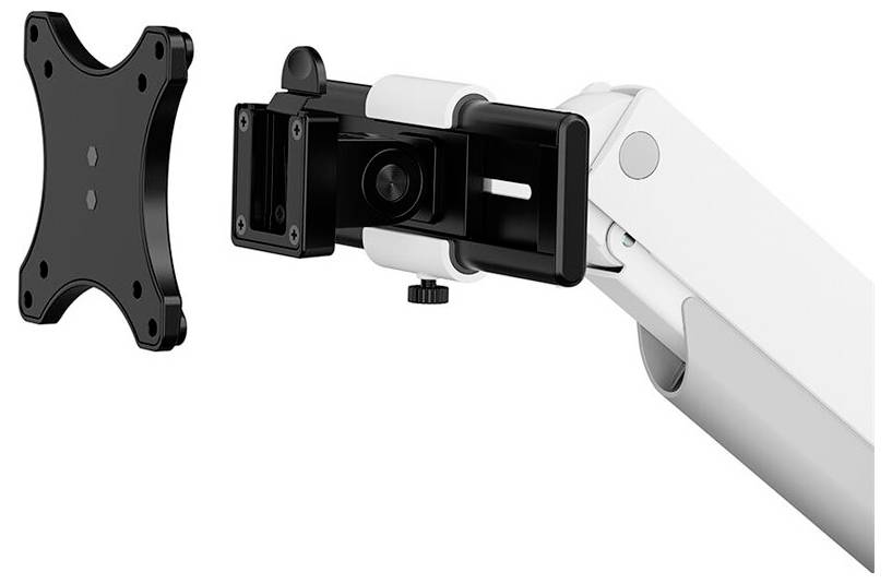 Ein Monitorarm mit Gelenkverbindung, bereit zur Befestigung an einer VESA-Halterung, die links im Bild schwebt.