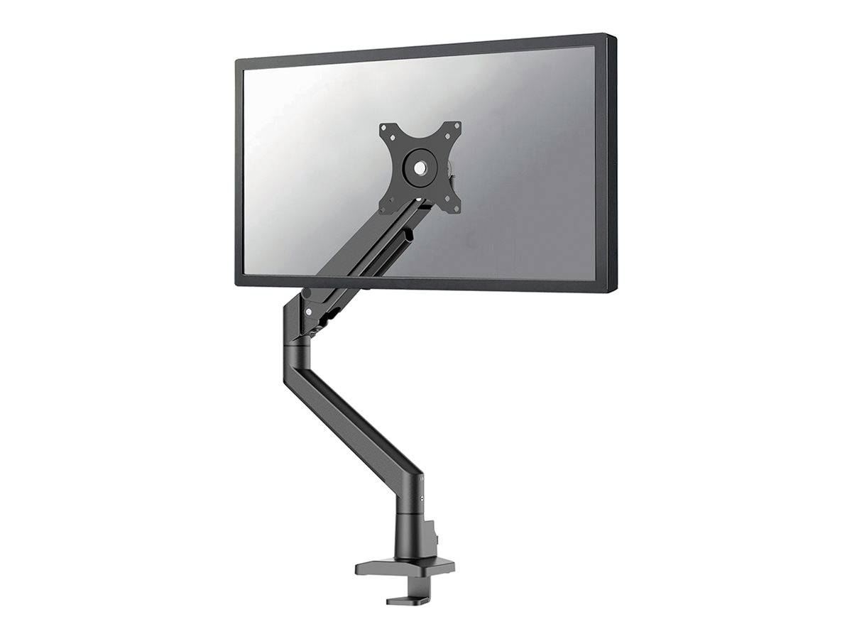 Ein schwarzer Monitor arm hält einen Flachbildschirm. Der Arm ist verstellbar und mit einer Klemme an einem Tisch befestigt.