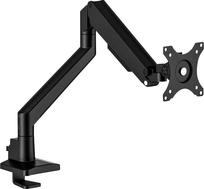 Schwarzer, verstellbarer Monitorarm mit Tischklemme und VESA-Halterung, geeignet für ergonomische Bildschirmpositionierung.