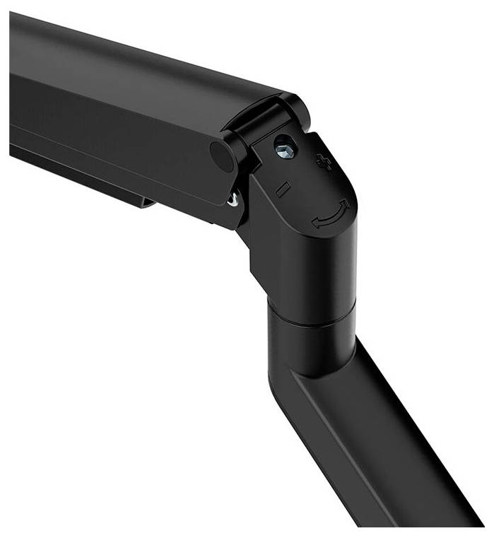 Nahaufnahme eines schwarzen Scharniers mit einem blauen Schraubenkopf, montiert an einer schwarzen Stange oder Oberfläche.