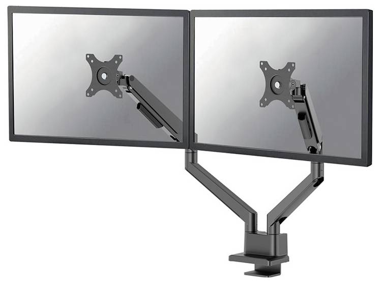 Doppelter Monitorhalter mit verstellbaren Armen in einer schwarzen Oberfläche, bereit zur Aufnahme von zwei Monitoren. Ideal für Schreibtische.