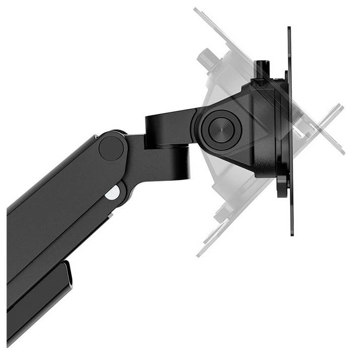 Schwarzes verstellbares Monitorarmgelenk, seitlich gesehen, zeigt Neigungs- und Rotationsmöglichkeiten.