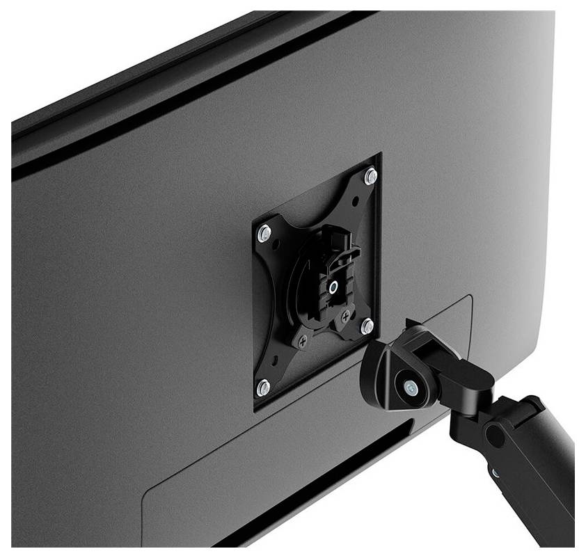 Rückseite eines schwarzen Monitors mit einer VESA-Halterung, an der ein beweglicher Monitorarm befestigt ist.