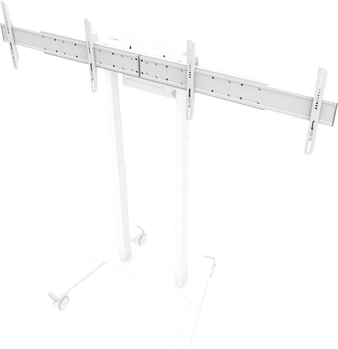 Ein weißer TV-Ständer mit einem rechteckigen Sockel auf Rädern, geeignet zur Montage eines flachen Bildschirms oder Monitors.