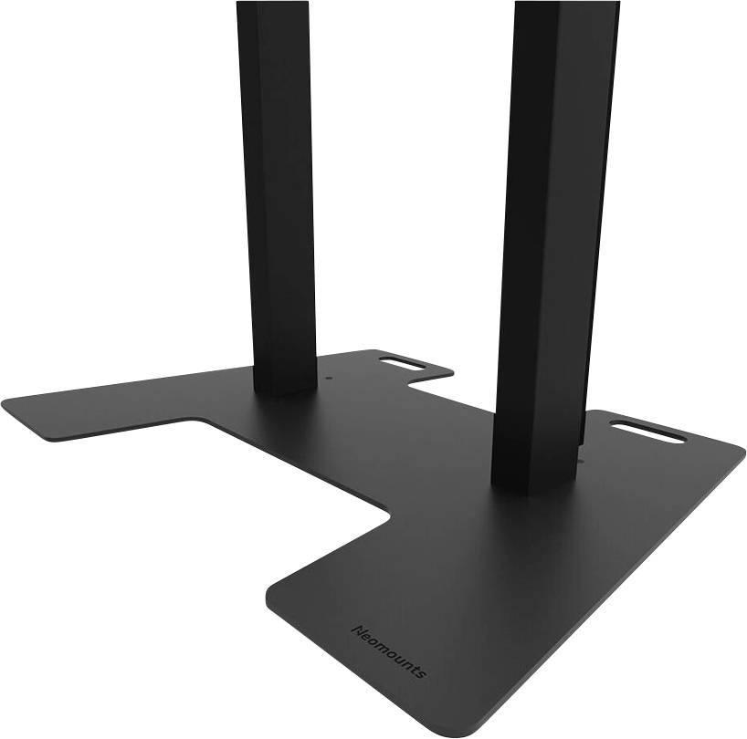 Ein schwarzer Monitorständer mit rechteckiger Basis, der Stabilität und tragende Unterstützung für Monitore bietet.