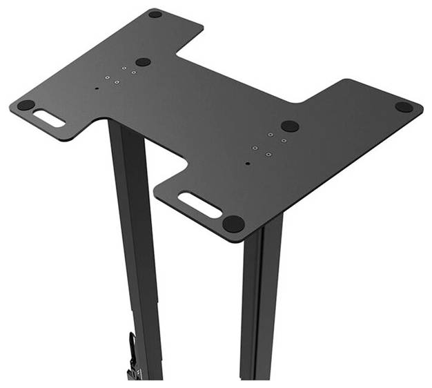 Schwarzer rechteckiger Metalltischaufsatz mit abgerundeten Ecken und Schlitzen an beiden Enden, auf einem Metallgestell stehend.