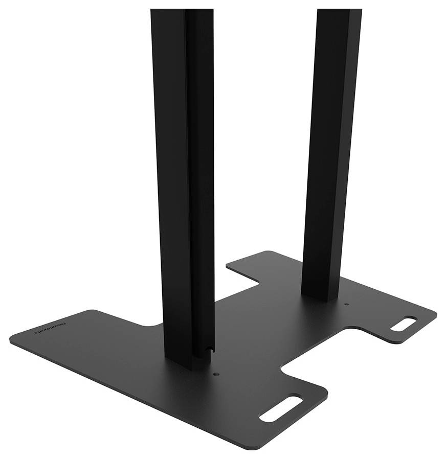 Ein schwarzer metallener Standfuß mit zwei vertikalen Streben auf rechteckiger Basis, geeignet für Möbel oder Geräteunterstützung.