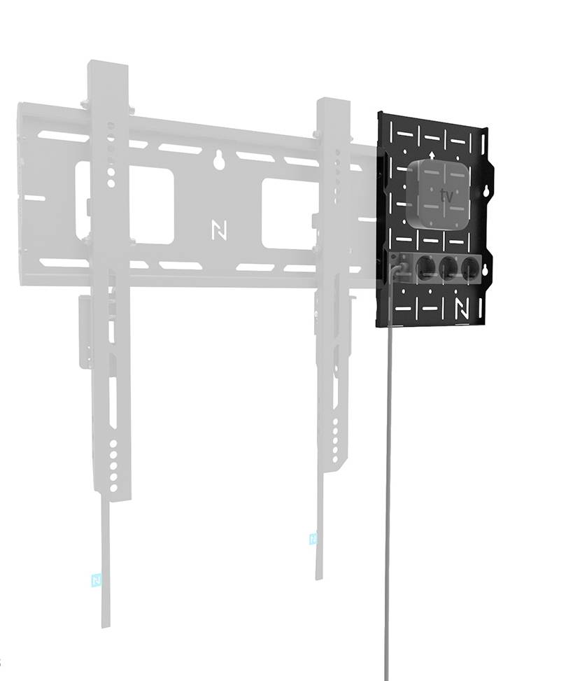 TV-Wandhalterung mit variablen Befestigungsmöglichkeiten. Zwei Metallplatten mit Schlitzen und Befestigungsschrauben.