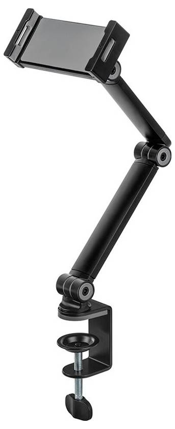 Tablet-Halterung mit verstellbarem Arm und Klemme, geeignet zur Befestigung an Tischen oder Schreibtischen, für flexible Nutzung.