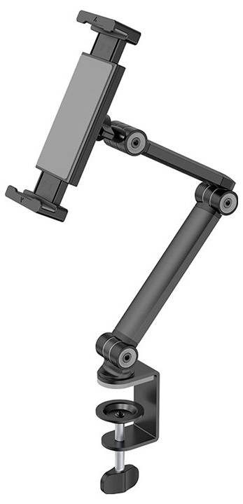 Schwarzer Tablet-Halter mit verstellbarem Arm und Klemme zur Befestigung an Tischkanten; ideal für flexibles Arbeiten oder Präsentationen.