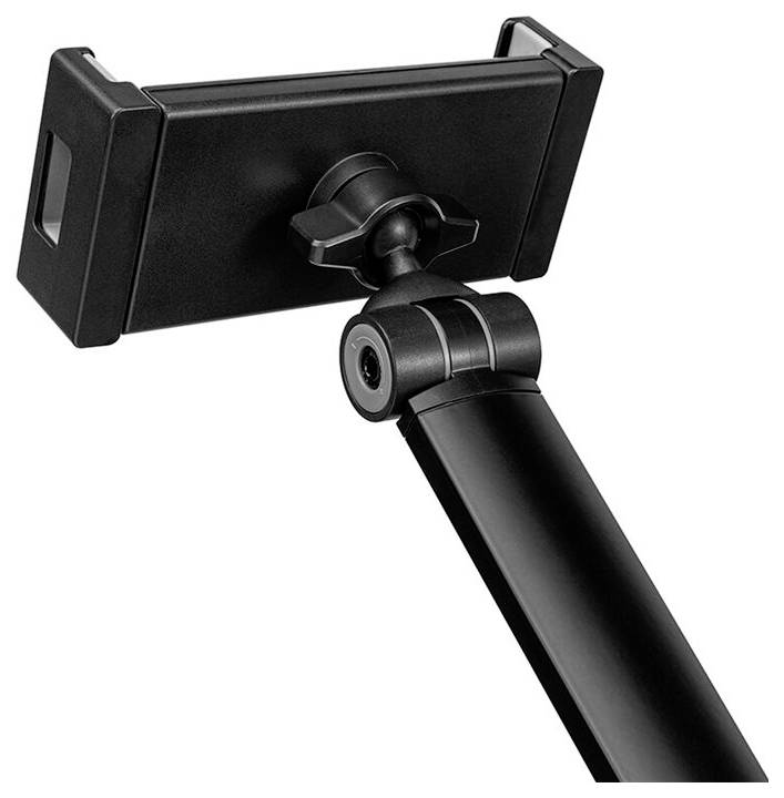 Schwarze Smartphone-Halterung auf verstellbarem Ständer, geeignet für unterschiedliche Gerätegrößen, mit Drehgelenk zur Anpassung der Ausrichtung.