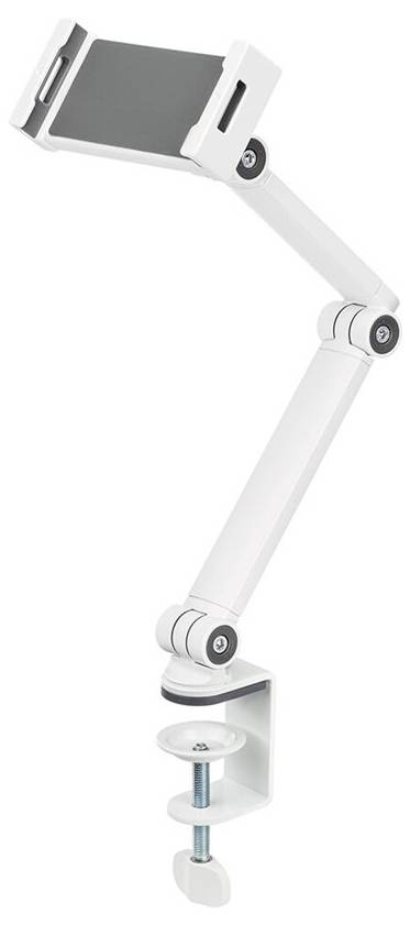 Verstellbarer, weißer Tablet-Halter mit Klemme zur Befestigung an einem Tisch. Flexible Gelenke ermöglichen verschiedene Positionen.