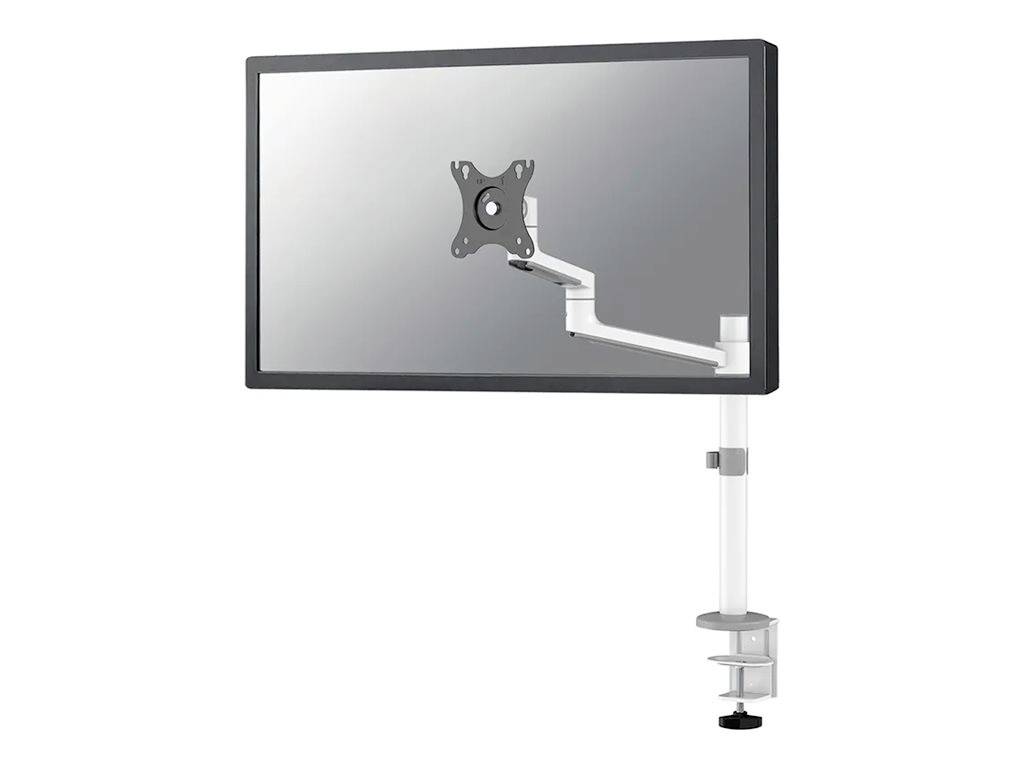 Ein dünner Computermonitor auf einem weißen, verstellbaren Monitorarm. Der Monitor ist an einem Tisch befestigt.