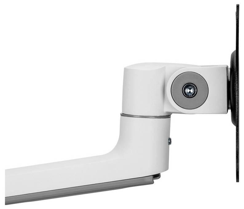 Ein verstellbarer Monitorarm aus Metall, seitlich an einer Wandhalterung befestigt, ideal für ergonomische Bildschirmplatzierung.