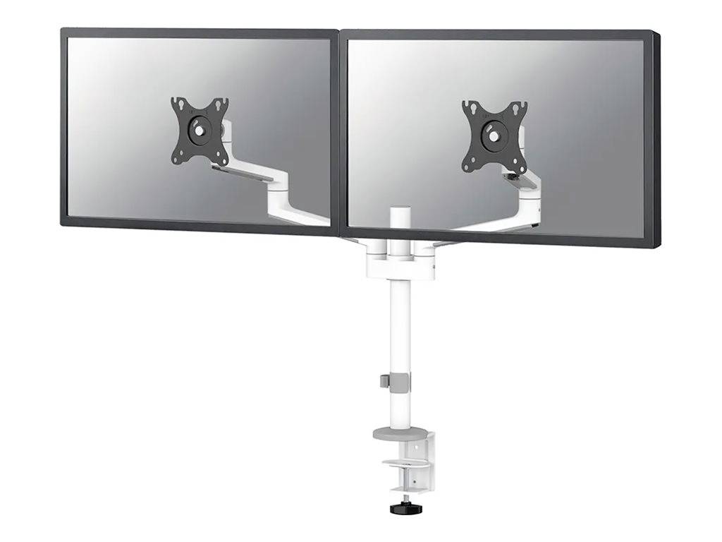 Zwei nebeneinander montierte Monitorhalterungen mit verstellbarem Arm auf einem Tischständer, geeignet zur Bildschirmeinstellung.