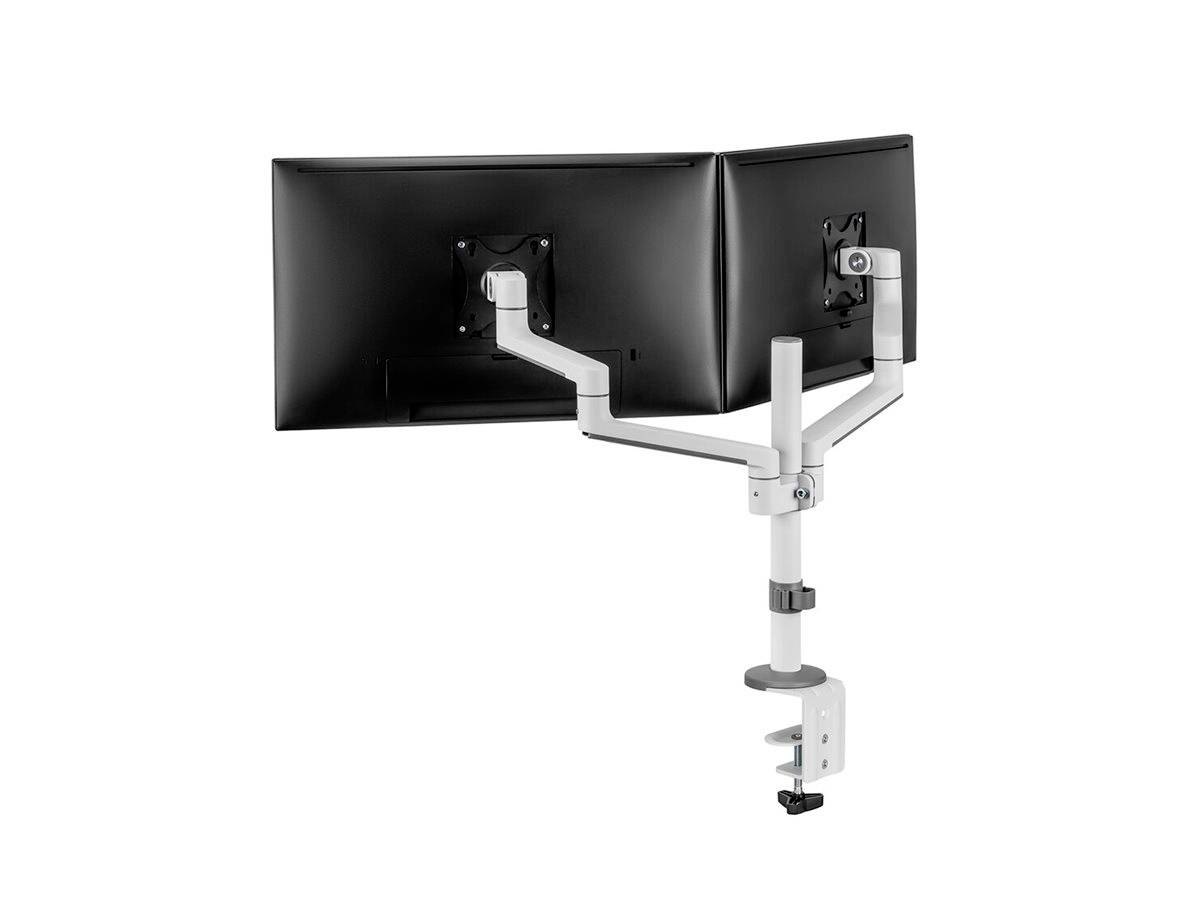 Ein dualer Monitorhalter zeigt zwei Bildschirme, die nebeneinander an einem verstellbaren Arm befestigt sind.