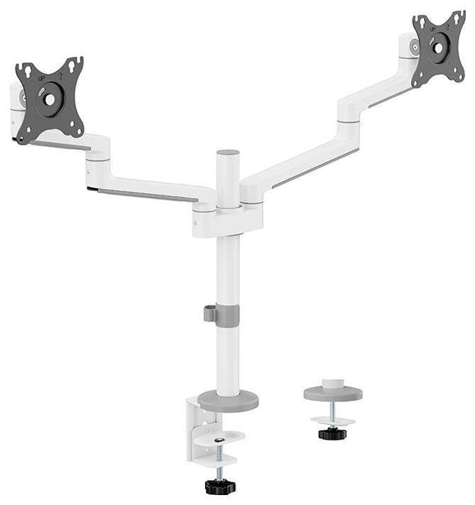 Zweiarmiger Monitorhalter in Weiß, geeignet zur Befestigung von zwei Monitoren auf einem Schreibtisch. Verstellbare Höhen und Neigungen.