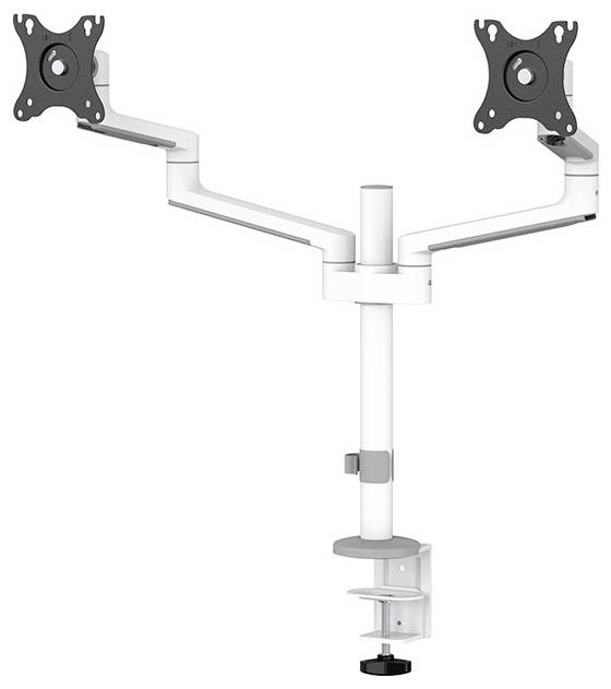 Doppelter Monitorhalterungsarm aus Metall, zwei verstellbare Arme, Tischklemme unten, passend für zwei Bildschirme.