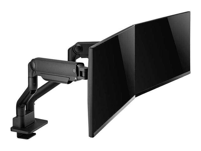 Zwei schwarze Computer-Monitore auf einem dualen verstellbaren Monitorarm. Ideal für ergonomische Büroanwendungen und maximalen Platz.