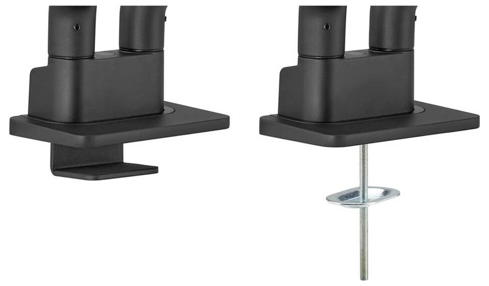 Zwei Montagemethoden für Monitorarme: links Klemmbefestigung am Tischrand, rechts Bohrmontage mit Schraube und Platte.