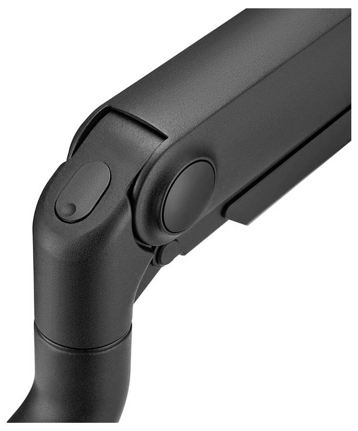 Nahaufnahme eines schwarzen Scharniers an einem mechanischen Arm. Der Arm ist ergonomisch gestaltet und aus Metall gefertigt.