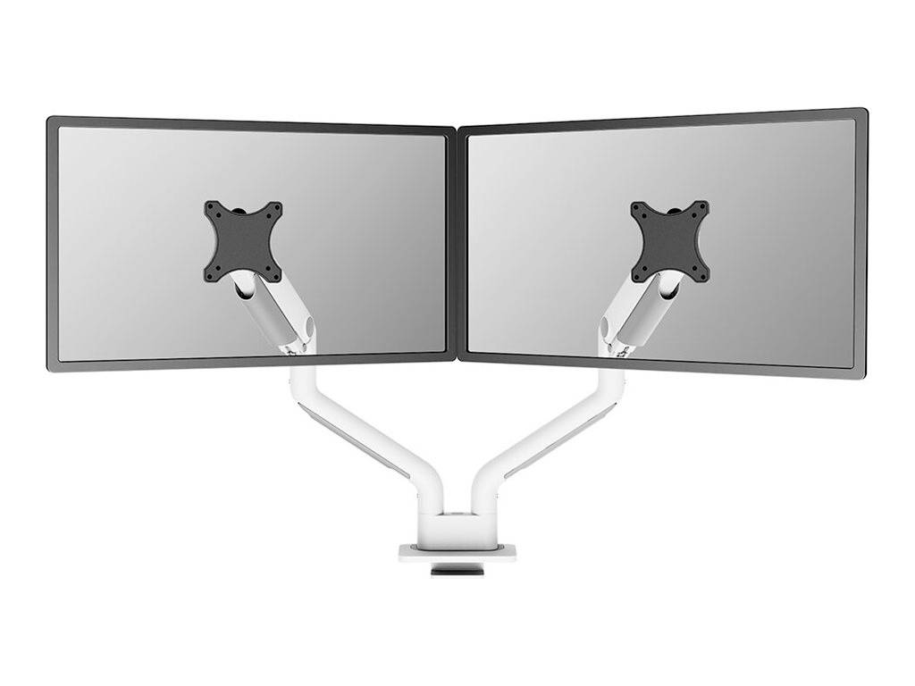 Doppelter Monitorhalter ohne Bildschirme, zeigt zwei verstellbare Arme in Weiß, passend für zwei Monitore, auf grauem Hintergrund.