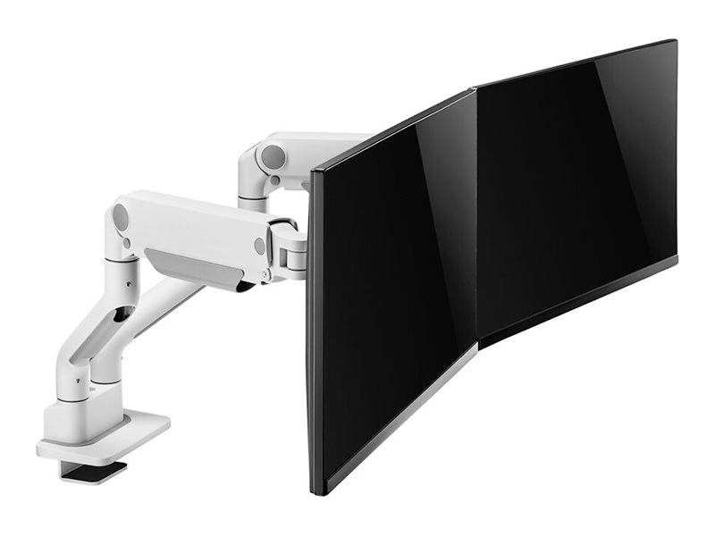 Zwei schwarze Computerbildschirme, die an einem weißen, verstellbaren Monitorarm befestigt sind, auf einem weißen Hintergrund.