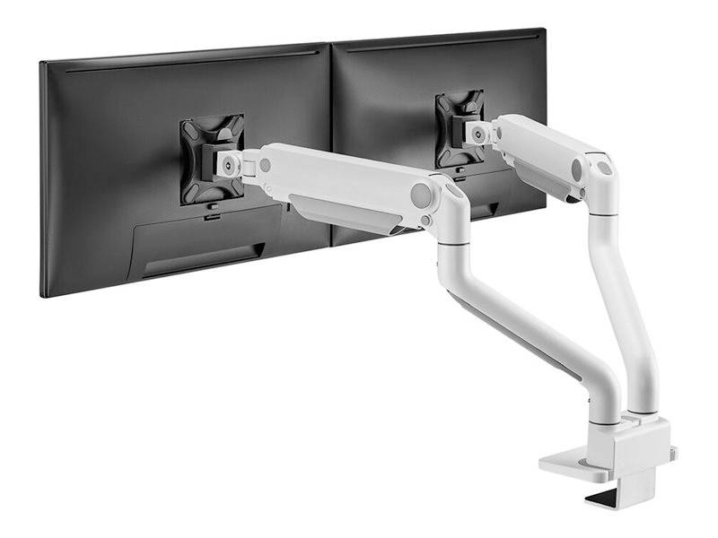 Zwei Monitore an einem weißen, verstellbaren Halterungsarm, der an einem Tisch befestigt ist. Die Monitore sind rückseitig sichtbar.
