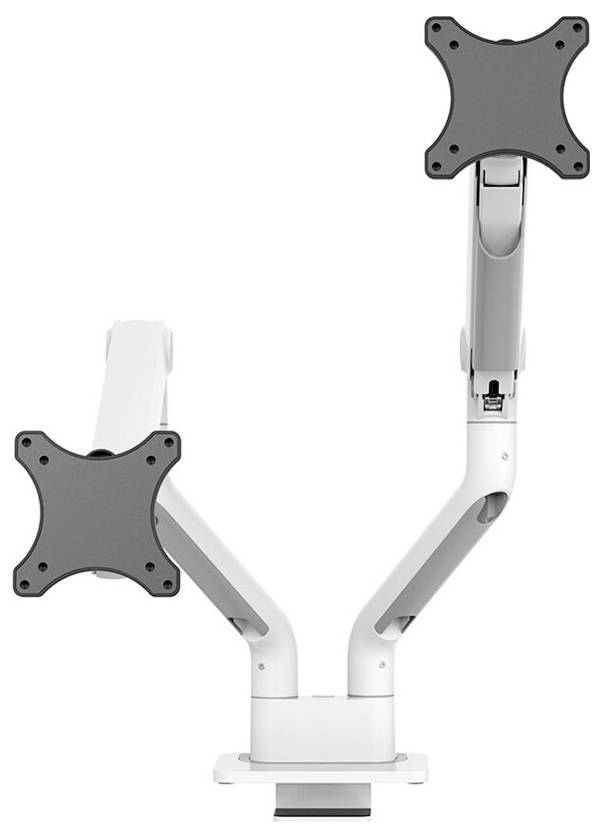 Doppelter Monitorarm, silberfarben, mit flexiblen Gelenken für zwei Monitore. Geeignet für ergonomische Büroarbeitsplätze.