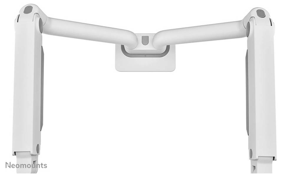 Ein weißer, verstellbarer Monitorarm mit zwei Gelenken zur Befestigung an einer Schreibtischkante, geeignet für zwei Monitore.