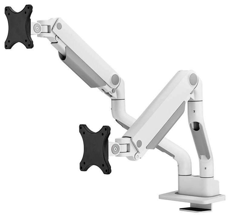Ein weißer, verstellbarer Monitorarm mit zwei Gelenken und universalem VESA-Halterungspunkt, geeignet für ergonomische Arbeitsplatzlösungen.