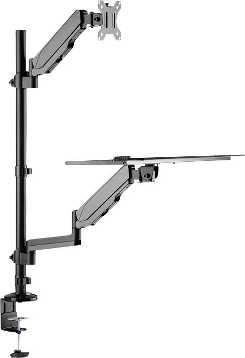 Monitorhalterung mit zwei verstellbaren Armen für Schreibtisch. Befestigungsklemme unten. Eignet sich zur Höhenverstellung und Neigung.
