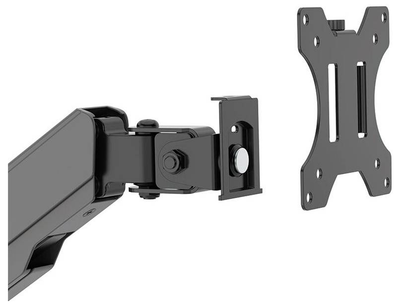 Ein verstellbarer schwarzer Monitorarm mit einer abnehmbaren VESA-Halterungsplatte. Eignet sich zur Befestigung von Bildschirmen.