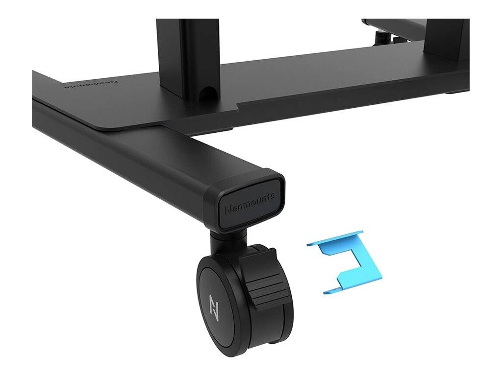 Ein schwarzes Tischbein mit einer Rolle und einer blauen Kunststoffkomponente daneben.