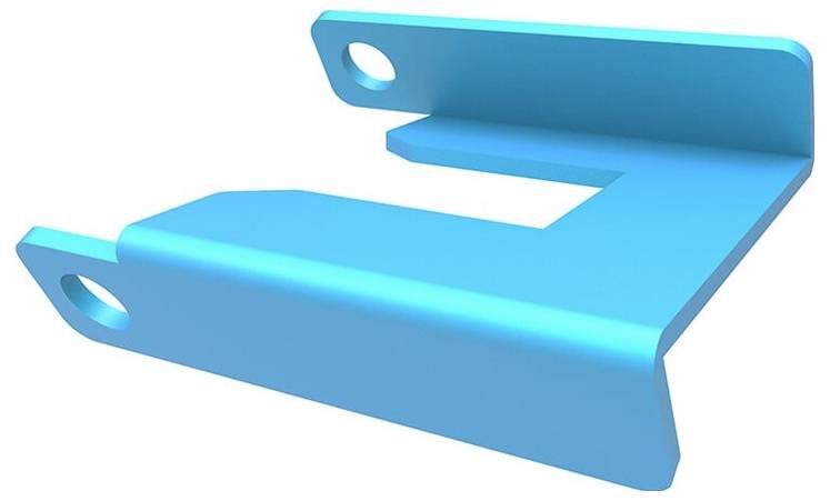 Blaues, L-förmiges Metallteil mit zwei Befestigungslöchern, möglicherweise Teil einer Halterung oder Konstruktionselement.