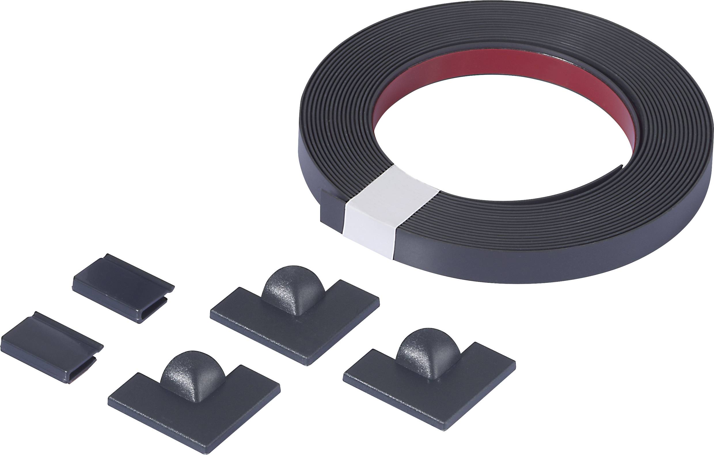 Eine Rolle schwarzes Magnetklebeband mit vier rechteckigen Magnetclips; geeignet für Anwendungen zur Befestigung und Organisation.